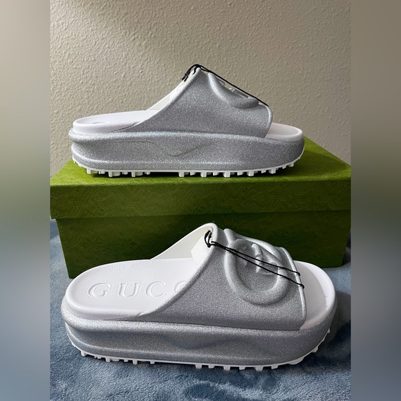 Gucci Silver and White Platform Slides - Picture 1 of 10